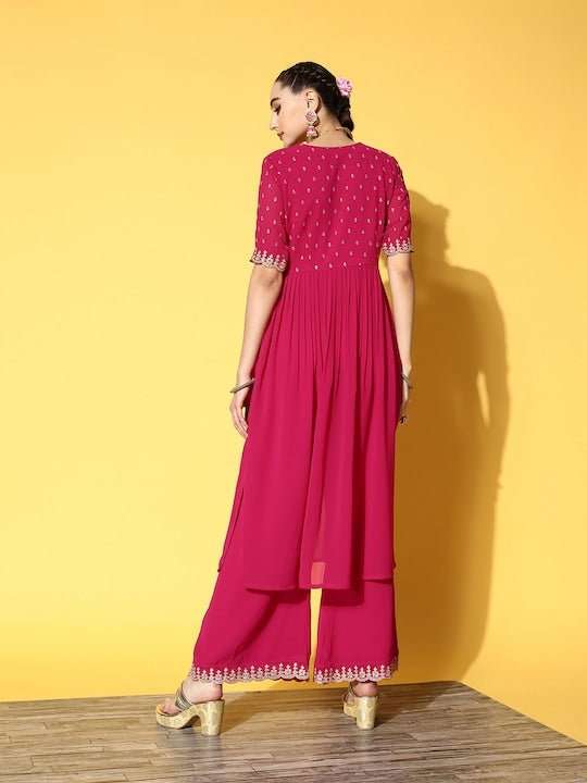 Women Magenta Ethnic Motifs Embroidered Pleated Kurta with Palazzos - Inddus.com