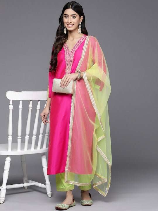 Women Magenta Ethnic Motifs Yoke Design Kurta with Salwar & With Dupatta - Inddus.com