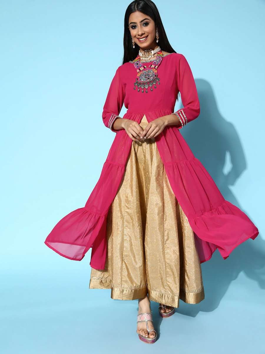 Women Magenta Georgette Swirling Volume Kurta - Inddus.com