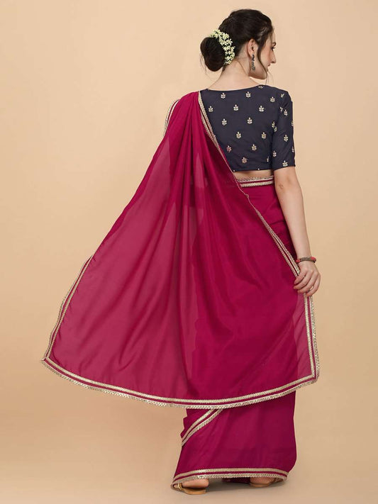 Women Magenta Pink and Wine Embroidered Silk Blend Saree with Blouse Piece - Inddus.com