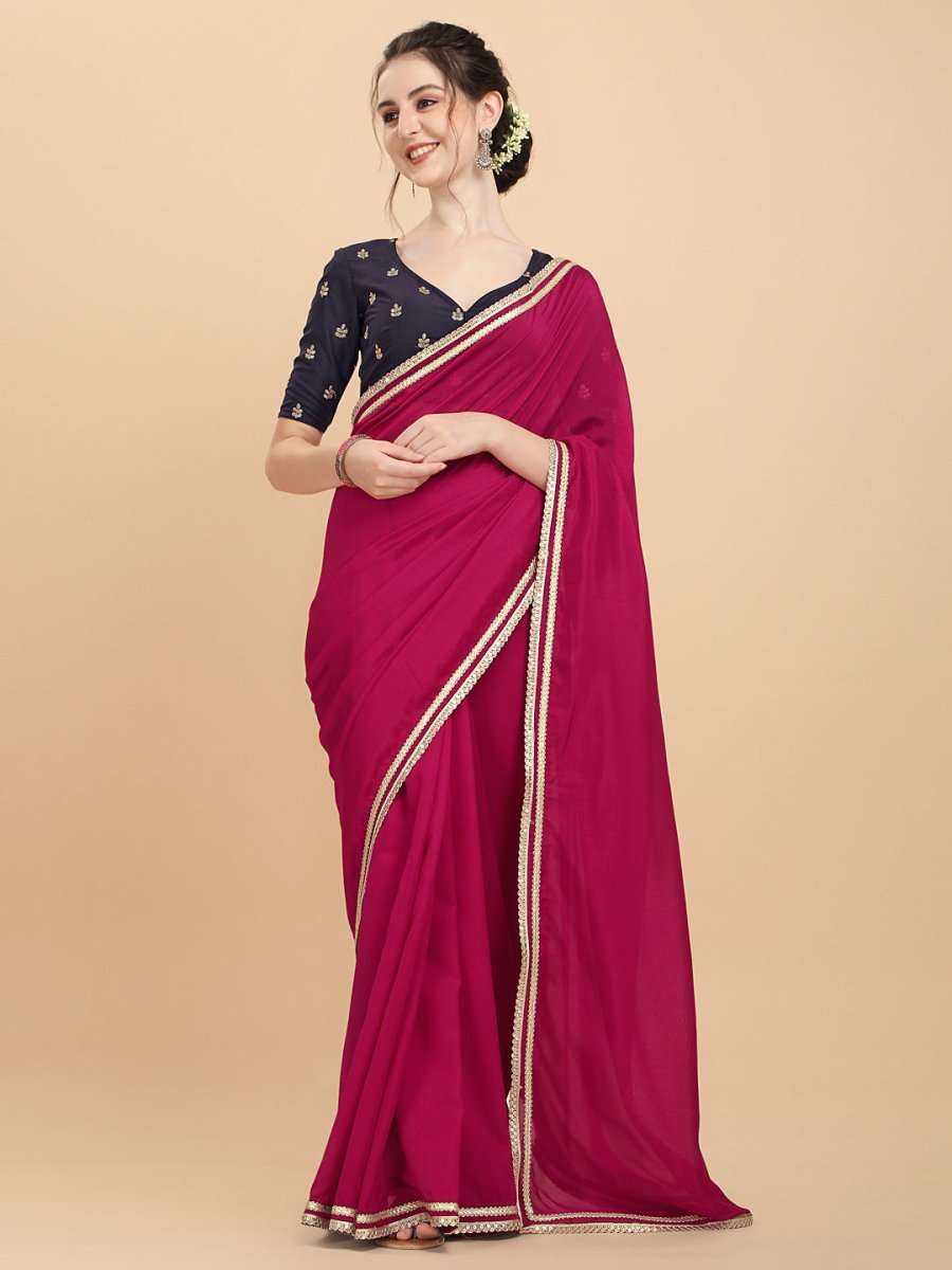 Women Magenta Pink and Wine Embroidered Silk Blend Saree with Blouse Piece - Inddus.com