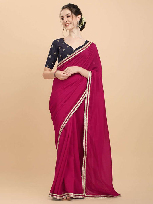Women Magenta Pink and Wine Embroidered Silk Blend Saree with Blouse Piece - Inddus.com
