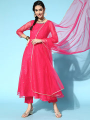 Women Magenta Pink Floral Embroidered Pleated Sequinned Net Kurta with Trousers - Inddus.com