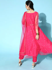 Women Magenta Pink Floral Embroidered Pleated Sequinned Net Kurta with Trousers - Inddus.com