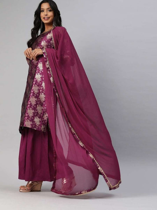 Women Magenta Pink & Gold-Toned Woven Sharara Suit - Inddus.com