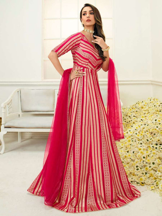 Women Magenta Striped Cold-Shoulder Sleeves Grandeur & Majestic Artwork Kurta - Inddus.com