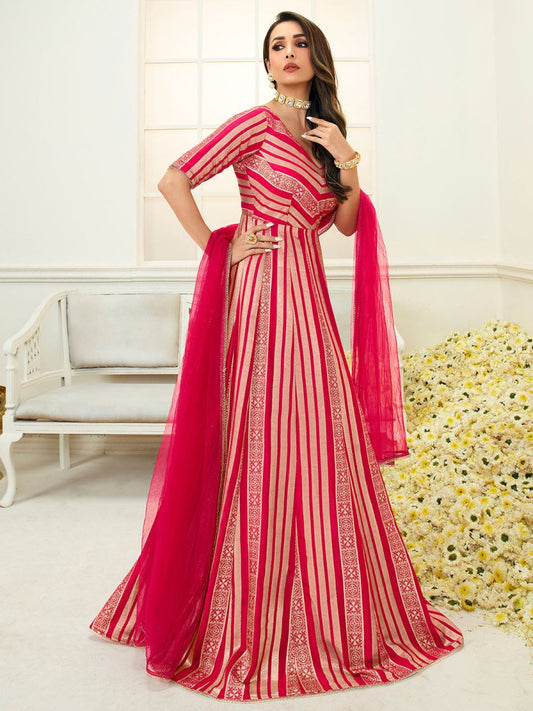 Women Magenta Striped Cold-Shoulder Sleeves Grandeur & Majestic Artwork Kurta - Inddus.com