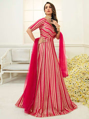 Women Magenta Striped Cold-Shoulder Sleeves Grandeur & Majestic Artwork Kurta - Inddus.com