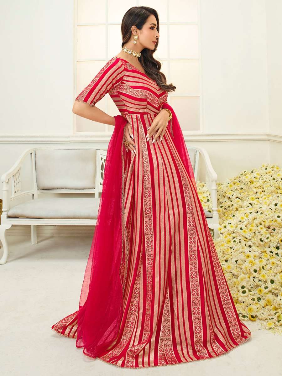 Women Magenta Striped Cold-Shoulder Sleeves Grandeur & Majestic Artwork Kurta - Inddus.com