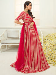 Women Magenta Striped Cold-Shoulder Sleeves Grandeur & Majestic Artwork Kurta - Inddus.com