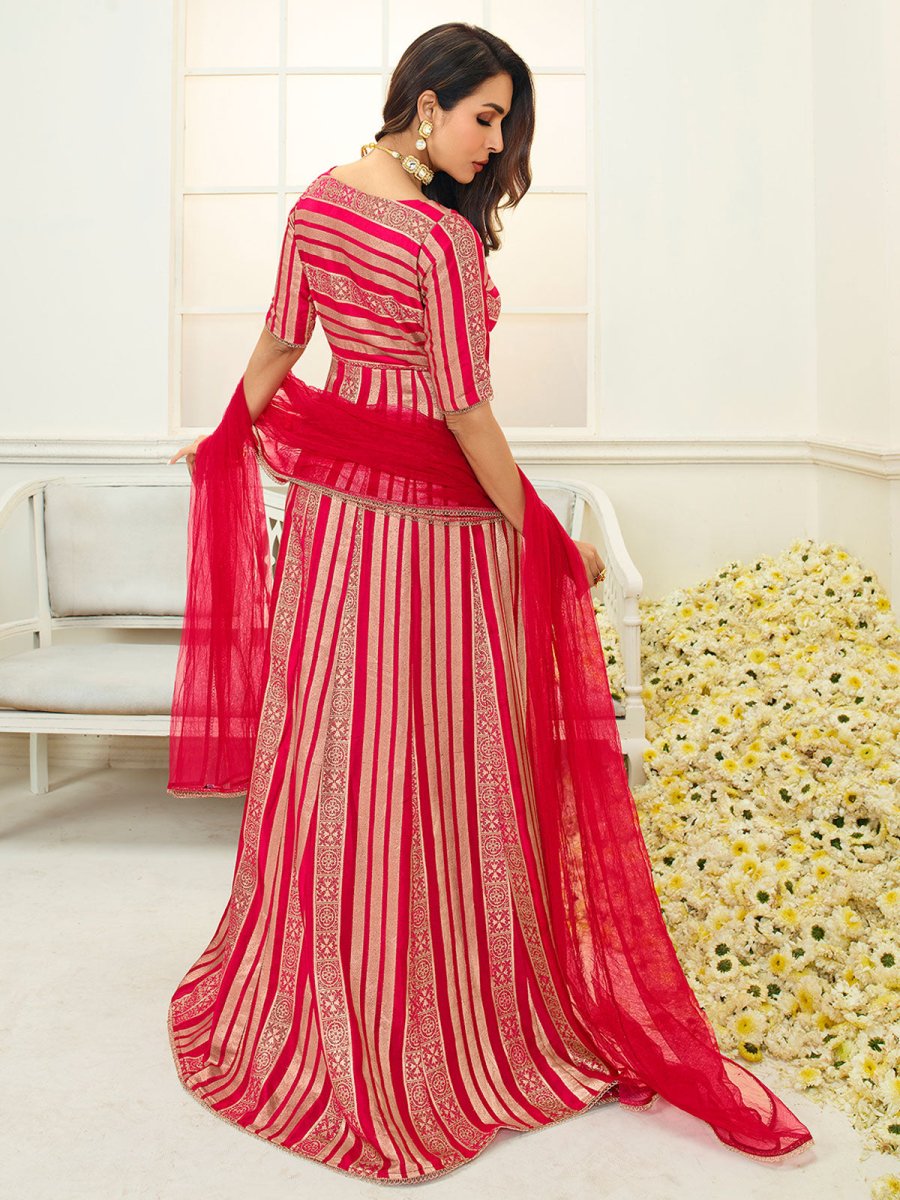 Women Magenta Striped Cold-Shoulder Sleeves Grandeur & Majestic Artwork Kurta - Inddus.com
