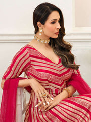 Women Magenta Striped Cold-Shoulder Sleeves Grandeur & Majestic Artwork Kurta - Inddus.com