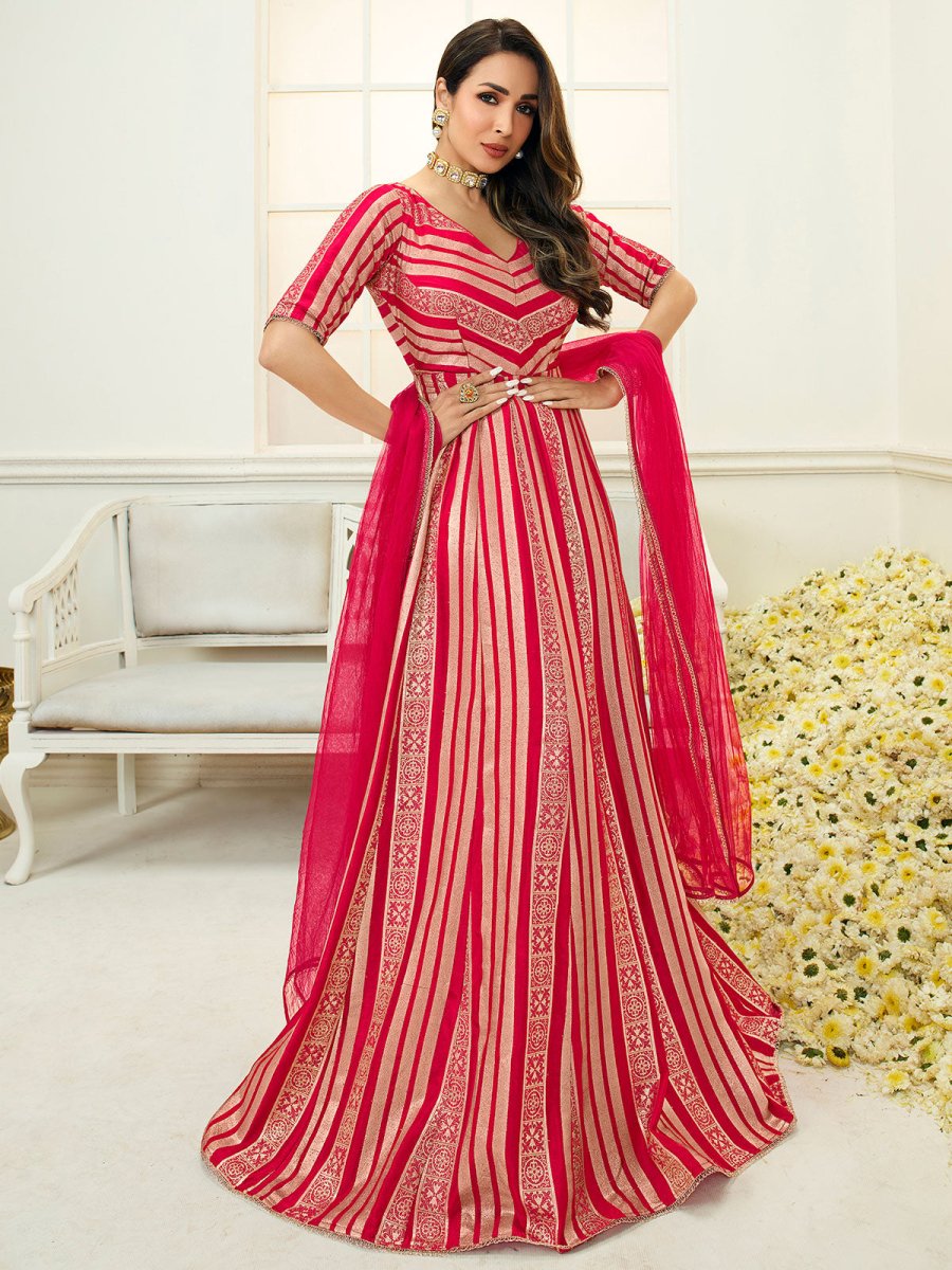 Women Magenta Striped Cold-Shoulder Sleeves Grandeur & Majestic Artwork Kurta - Inddus.com