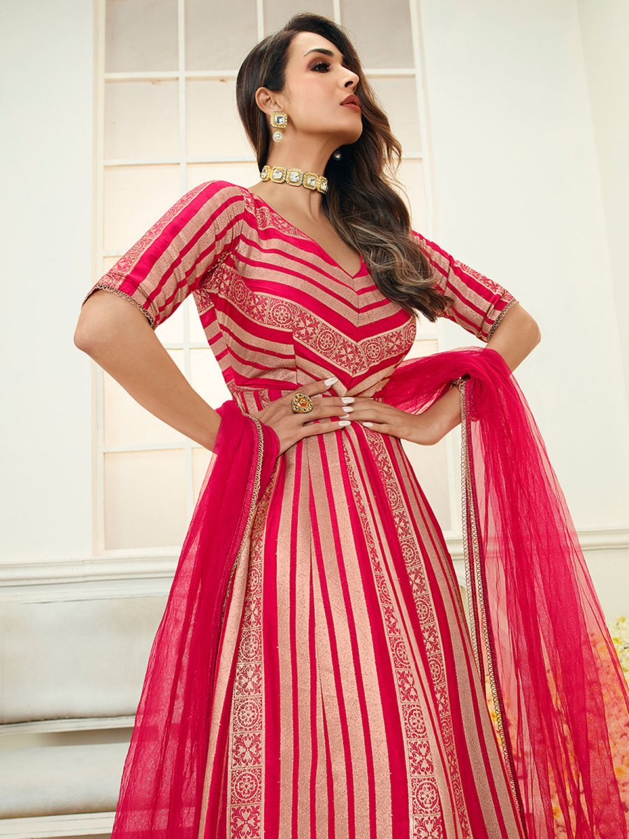 Women Magenta Striped Cold-Shoulder Sleeves Grandeur & Majestic Artwork Kurta - Inddus.com