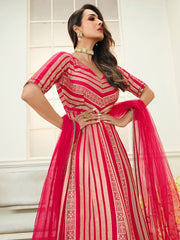 Women Magenta Striped Cold-Shoulder Sleeves Grandeur & Majestic Artwork Kurta - Inddus.com