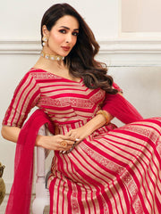 Women Magenta Striped Cold-Shoulder Sleeves Grandeur & Majestic Artwork Kurta - Inddus.com