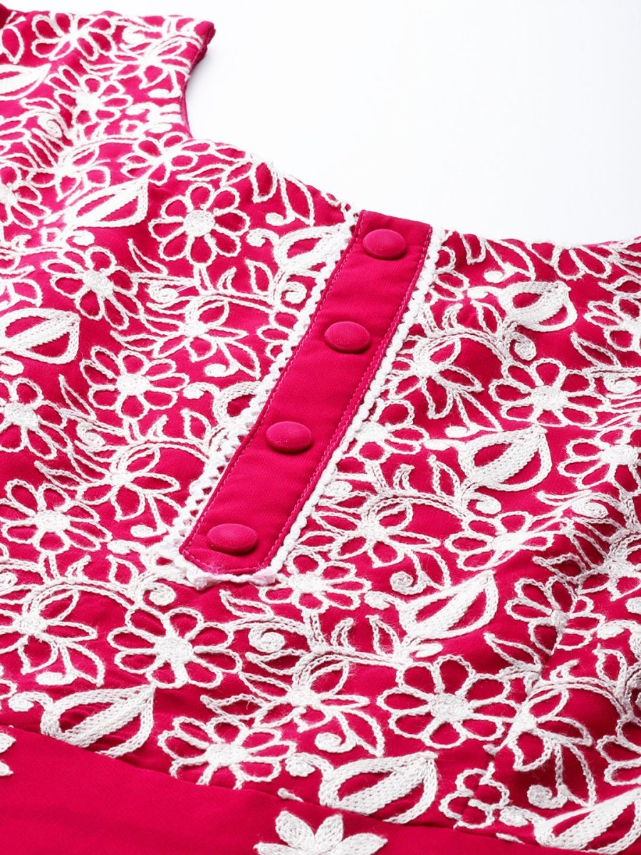 Women Magenta & White Floral Embroidered Thread Work Georgette Anarkali Kurta - Inddus.com