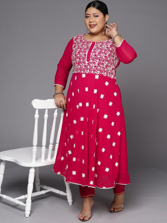 Women Magenta & White Floral Embroidered Thread Work Georgette Anarkali Kurta - Inddus.com