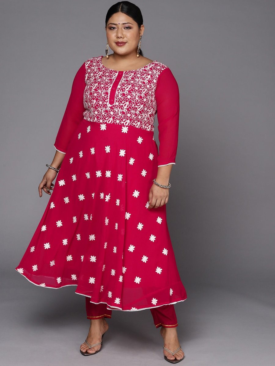 Women Magenta & White Floral Embroidered Thread Work Georgette Anarkali Kurta - Inddus.com