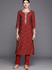 Women Maroon Bandhani Printed Regular Zardozi Kurta with Trousers - Inddus.com