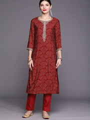 Women Maroon Bandhani Printed Regular Zardozi Kurta with Trousers - Inddus.com