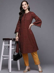 Women Maroon & Black Chevron Printed Flared Sleeves Kurta - Inddus.com