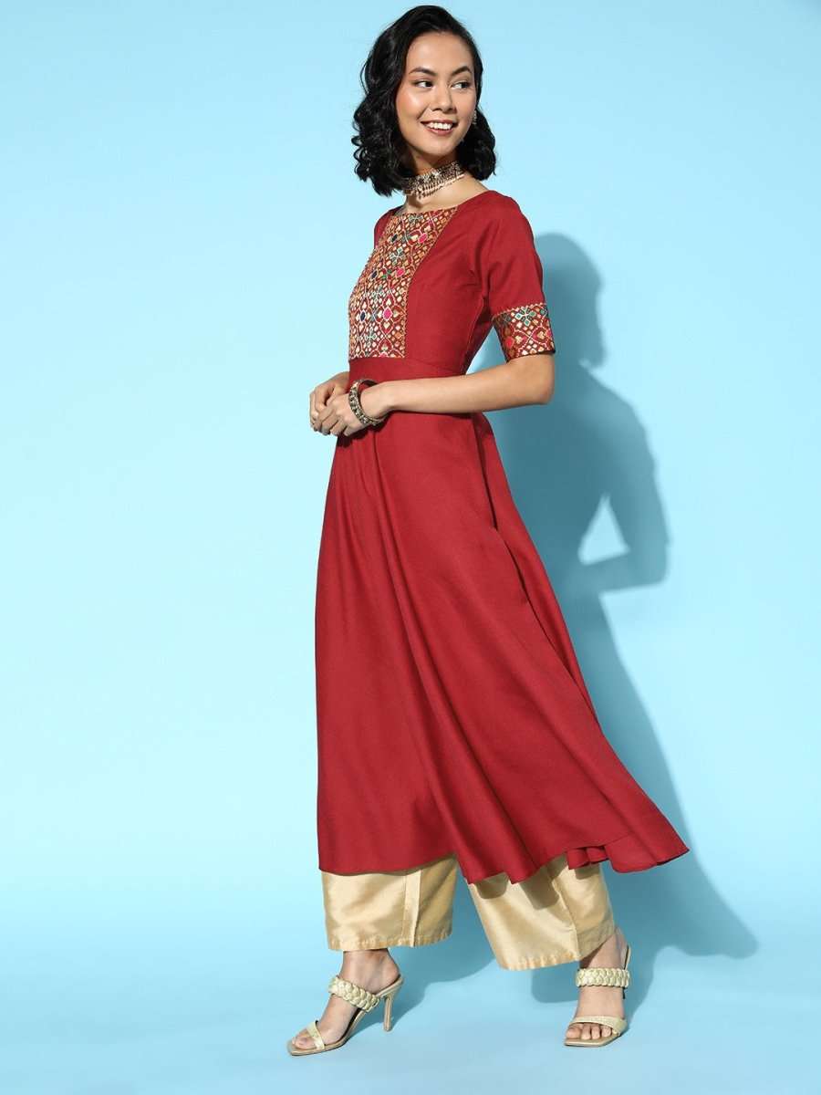 Women Maroon Cotton Ethereal Embroidery Kurta - Inddus.com