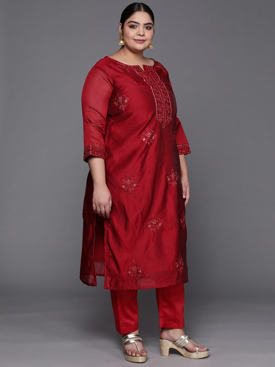 Women Maroon Embroidered Chanderi Cotton Kurta With Trousers & Dupatta - Inddus.com