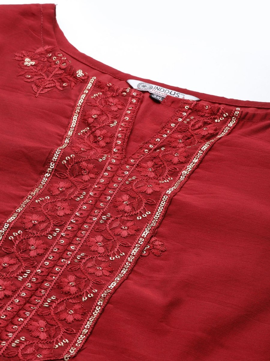 Women Maroon Embroidered Chanderi Cotton Kurta With Trousers & Dupatta - Inddus.com
