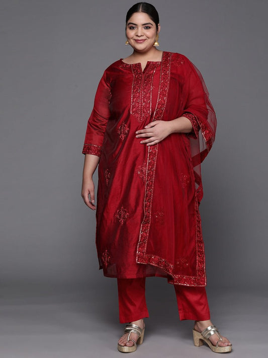 Women Maroon Embroidered Chanderi Cotton Kurta With Trousers & Dupatta - Inddus.com