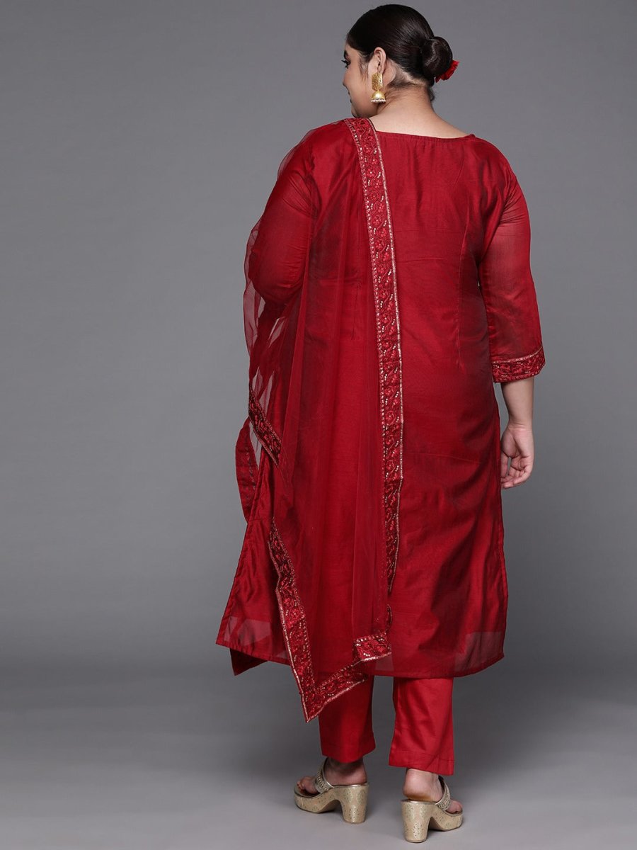 Women Maroon Embroidered Chanderi Cotton Kurta With Trousers & Dupatta - Inddus.com
