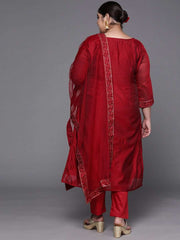 Women Maroon Embroidered Chanderi Cotton Kurta With Trousers & Dupatta - Inddus.com