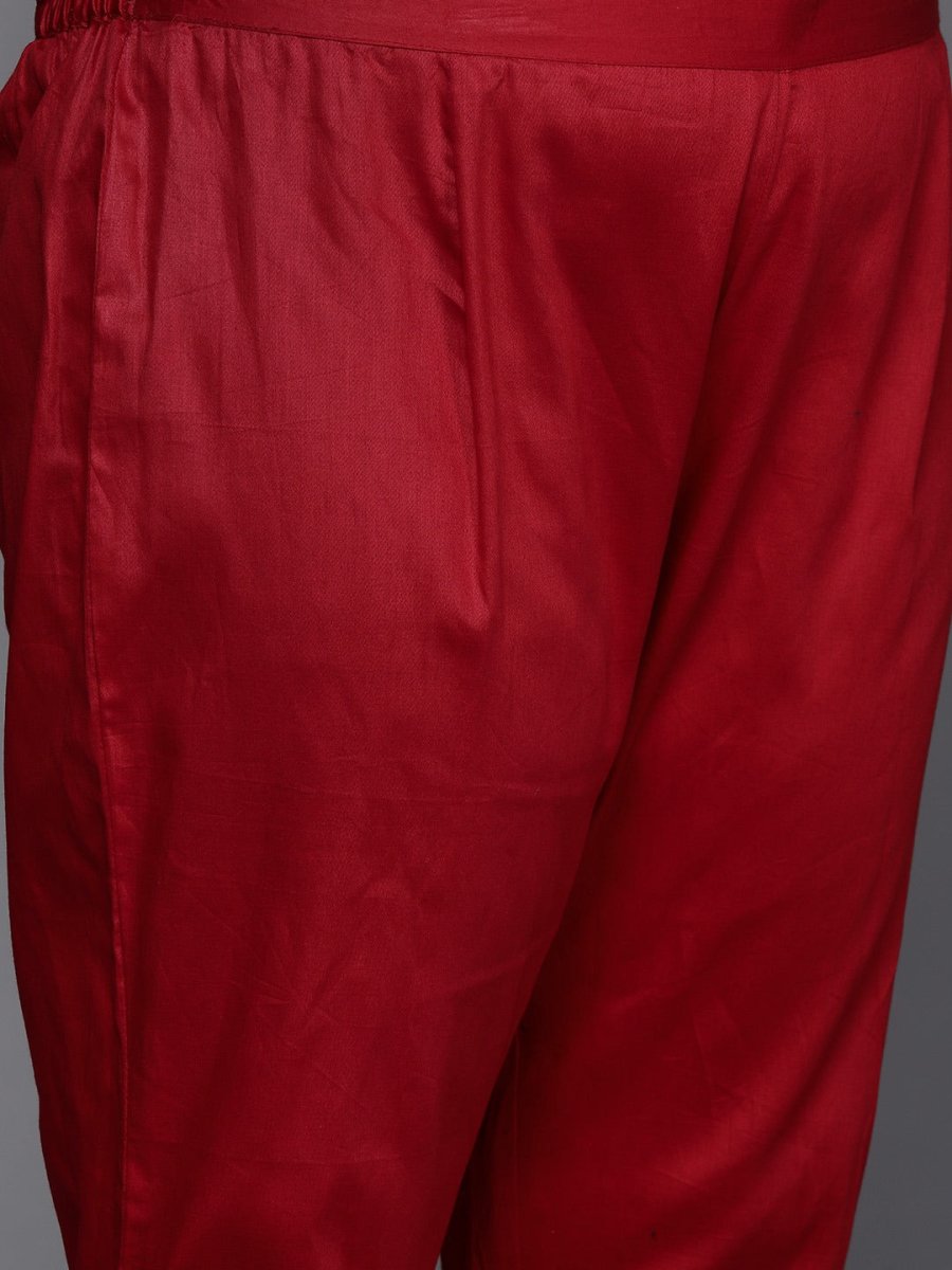 Women Maroon Embroidered Chanderi Cotton Kurta With Trousers & Dupatta - Inddus.com