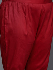 Women Maroon Embroidered Chanderi Cotton Kurta With Trousers & Dupatta - Inddus.com