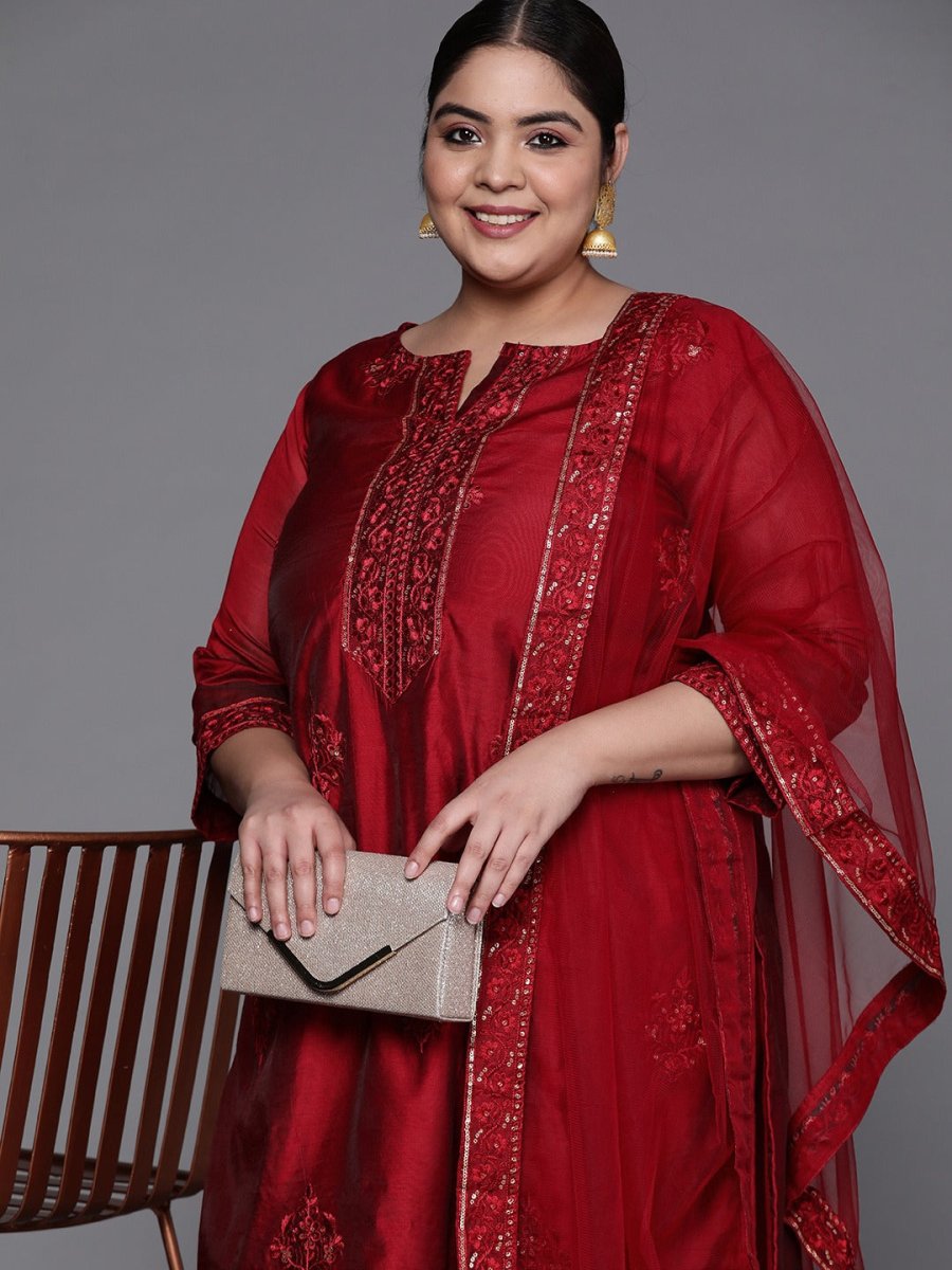 Women Maroon Embroidered Chanderi Cotton Kurta With Trousers & Dupatta - Inddus.com