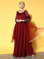 Women Maroon Embroidered Georgette Kurta - Inddus.com