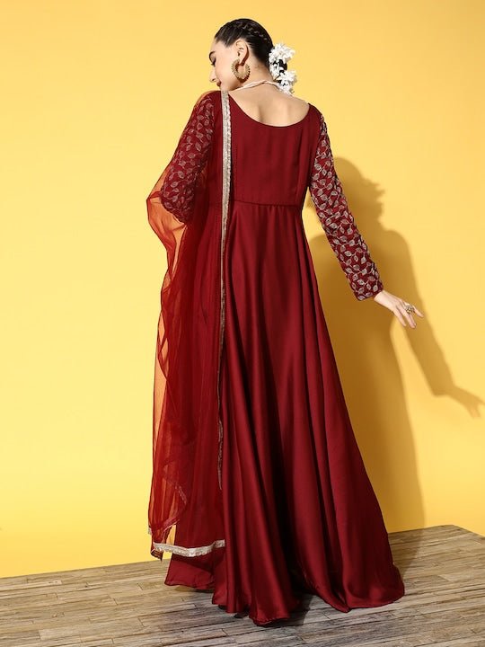 Women Maroon Embroidered Georgette Kurta - Inddus.com