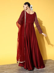 Women Maroon Embroidered Georgette Kurta - Inddus.com