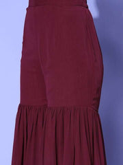 Women Maroon Embroidered Regular Sequinned Kurta with Sharara & With Dupatta - Inddus.com