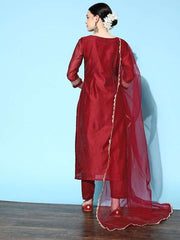 Women Maroon Ethnic Motifs Chanderi Cotton Kurta with Trousers & Dupatta - Inddus.com