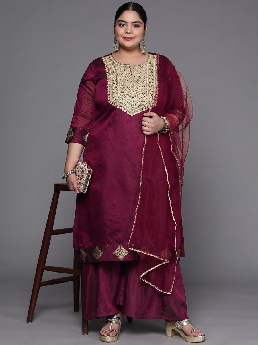 Women Maroon Ethnic Motifs Embroidered Kurta with Palazzos & Dupatta - Inddus.com