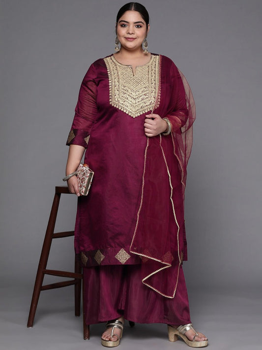 Women Maroon Ethnic Motifs Embroidered Kurta with Palazzos & Dupatta - Inddus.com