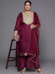 Women Maroon Ethnic Motifs Embroidered Kurta with Palazzos & Dupatta - Inddus.com