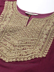 Women Maroon Ethnic Motifs Embroidered Kurta with Palazzos & Dupatta - Inddus.com