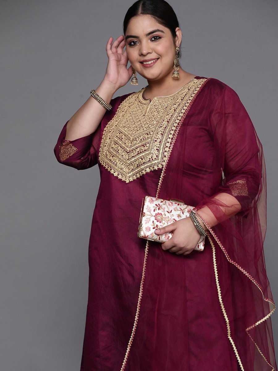 Women Maroon Ethnic Motifs Embroidered Kurta with Palazzos & Dupatta - Inddus.com