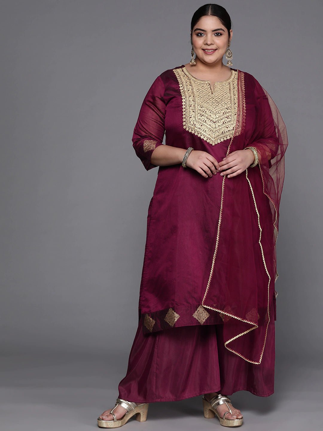 Women Maroon Ethnic Motifs Embroidered Kurta with Palazzos & Dupatta - Inddus.com