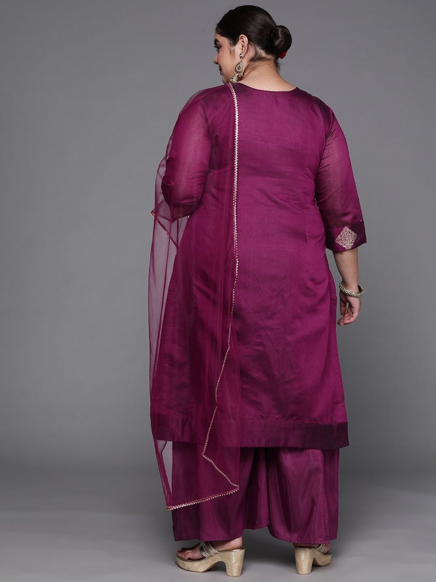 Women Maroon Ethnic Motifs Embroidered Kurta with Palazzos & Dupatta - Inddus.com