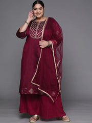 Women Maroon Ethnic Motifs Yoke Design Chanderi Cotton Kurta with Palazzos & With Dupatta - Inddus.com