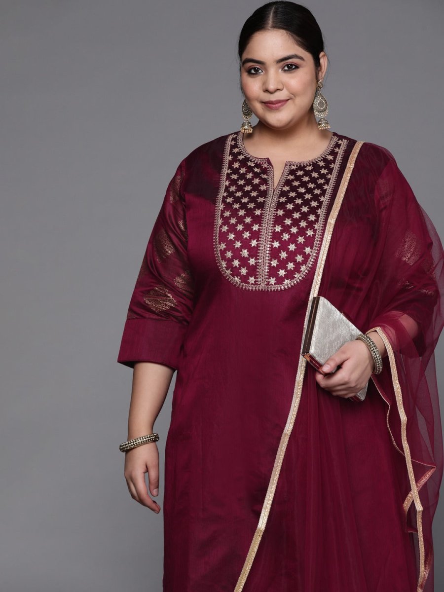 Women Maroon Ethnic Motifs Yoke Design Chanderi Cotton Kurta with Palazzos & With Dupatta - Inddus.com