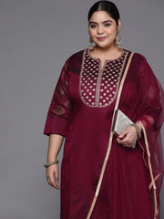 Women Maroon Ethnic Motifs Yoke Design Chanderi Cotton Kurta with Palazzos & With Dupatta - Inddus.com